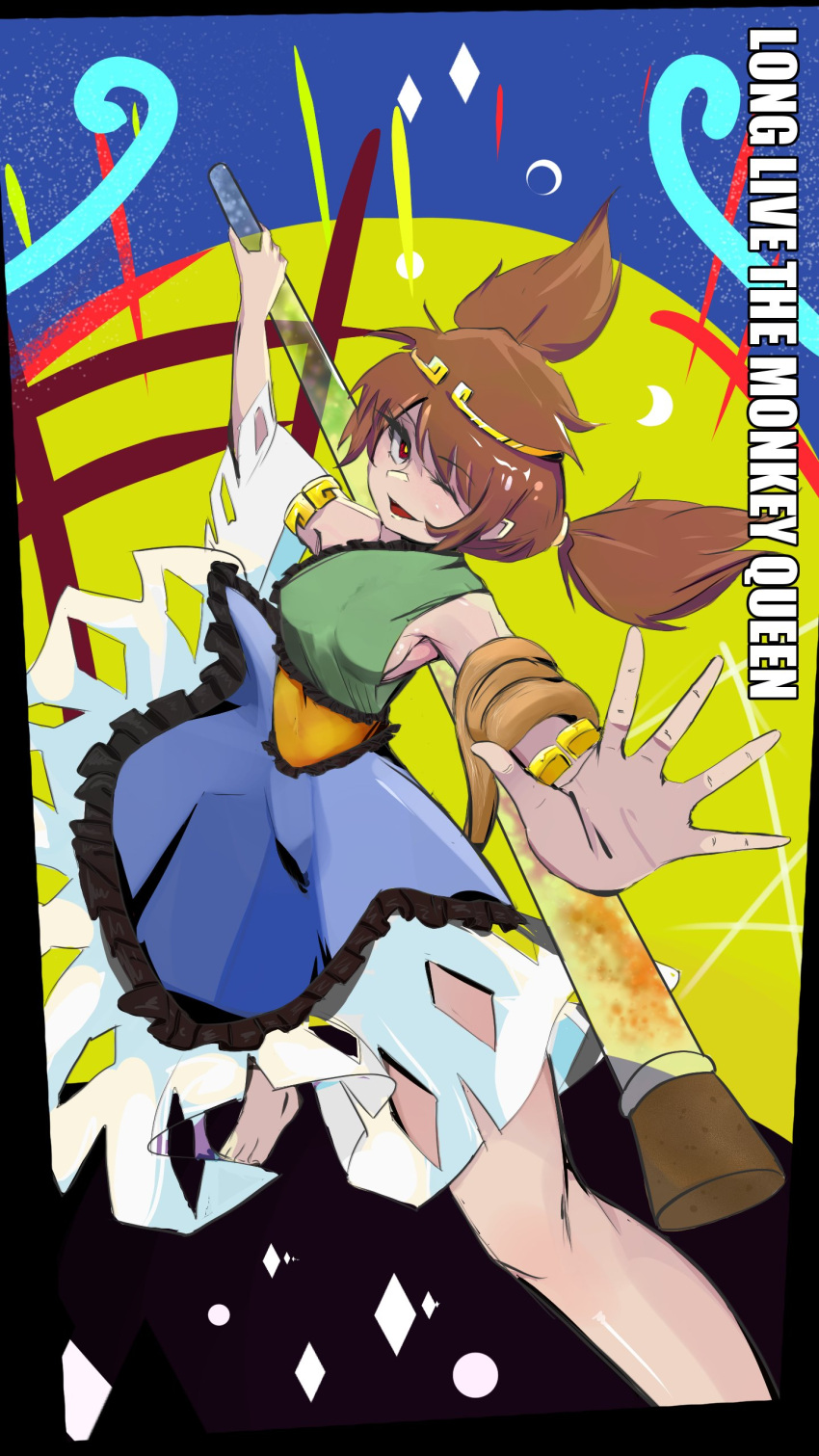 1girl, absurdres, barefoot, brown_hair, circlet, clothing_cutout, detached_sleeves, dress