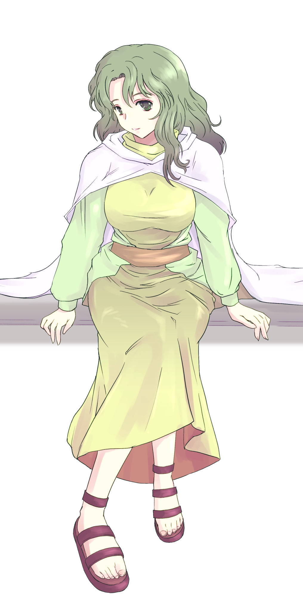 1girl, cloak, crossed_legs, dress, fermelle, fire_emblem, fire_emblem:_thracia_776, full_body