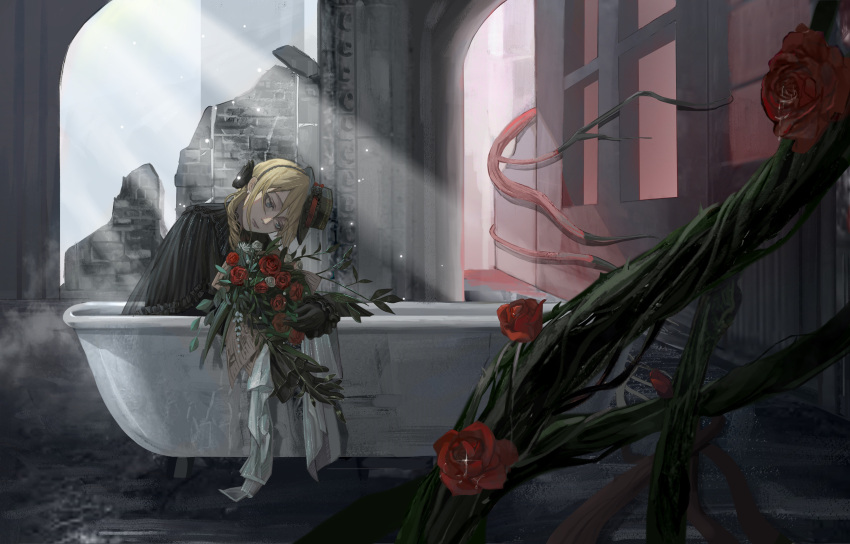 1girl, absurdres, bathtub, black_dress, black_headwear, blonde_hair, blue_eyes, bouquet