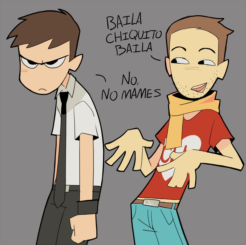 2boys, black_eyes, black_necktie, brown_hair, checker, don_makila, draculoid, facial_hair