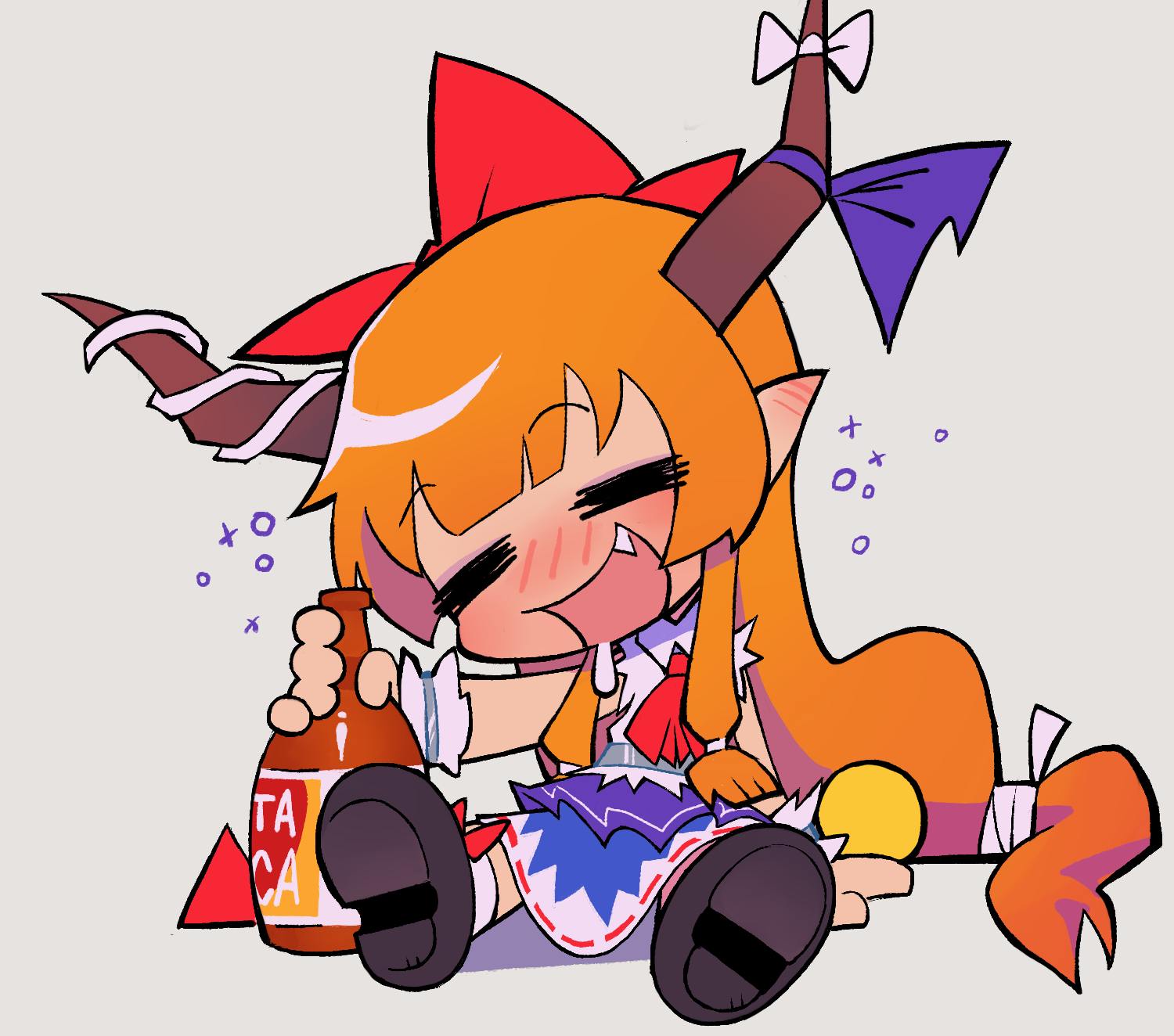 1girl, alcohol, beer, belt, black_footwear, blouse, bow, chibi, draculoid, drunk, hair_bow, highres, horn_bow, horn_ornament, horn_ribbon, horns, ibuki_suika, long_hair, oni_horns, orange_hair, purple_bow, purple_ribbon, purple_skirt, red_bow, ribbon, ribbon-trimmed_skirt, ribbon_trim, shirt, shoes, sidelocks, skirt, sleeveless, sleeveless_shirt, socks, toon_(style), touhou, very_long_hair, white_shirt, wrist_cuffs