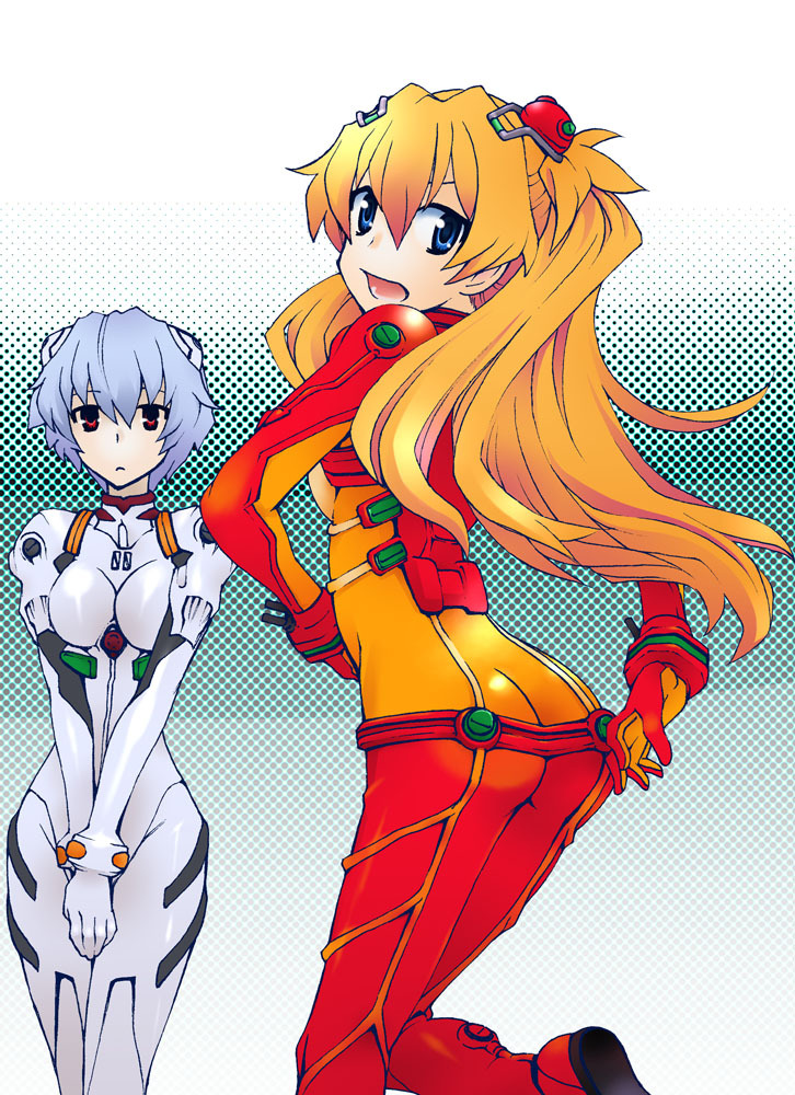 ass, ayanami_rei, blue_eyes, blue_hair, bodysuit, brown_hair, evangelion:_2.0_you_can_(not)_advance, from_behind, halftone, halftone_background, hands_together, hoshino_kouichirou, leg_up, long_hair, looking_back, multiple_girls, neon_genesis_evangelion, open_mouth, plugsuit, polka_dot_background, rebuild_of_evangelion, red_eyes, shikinami_asuka_langley, short_hair, souryuu_asuka_langley, test_plugsuit