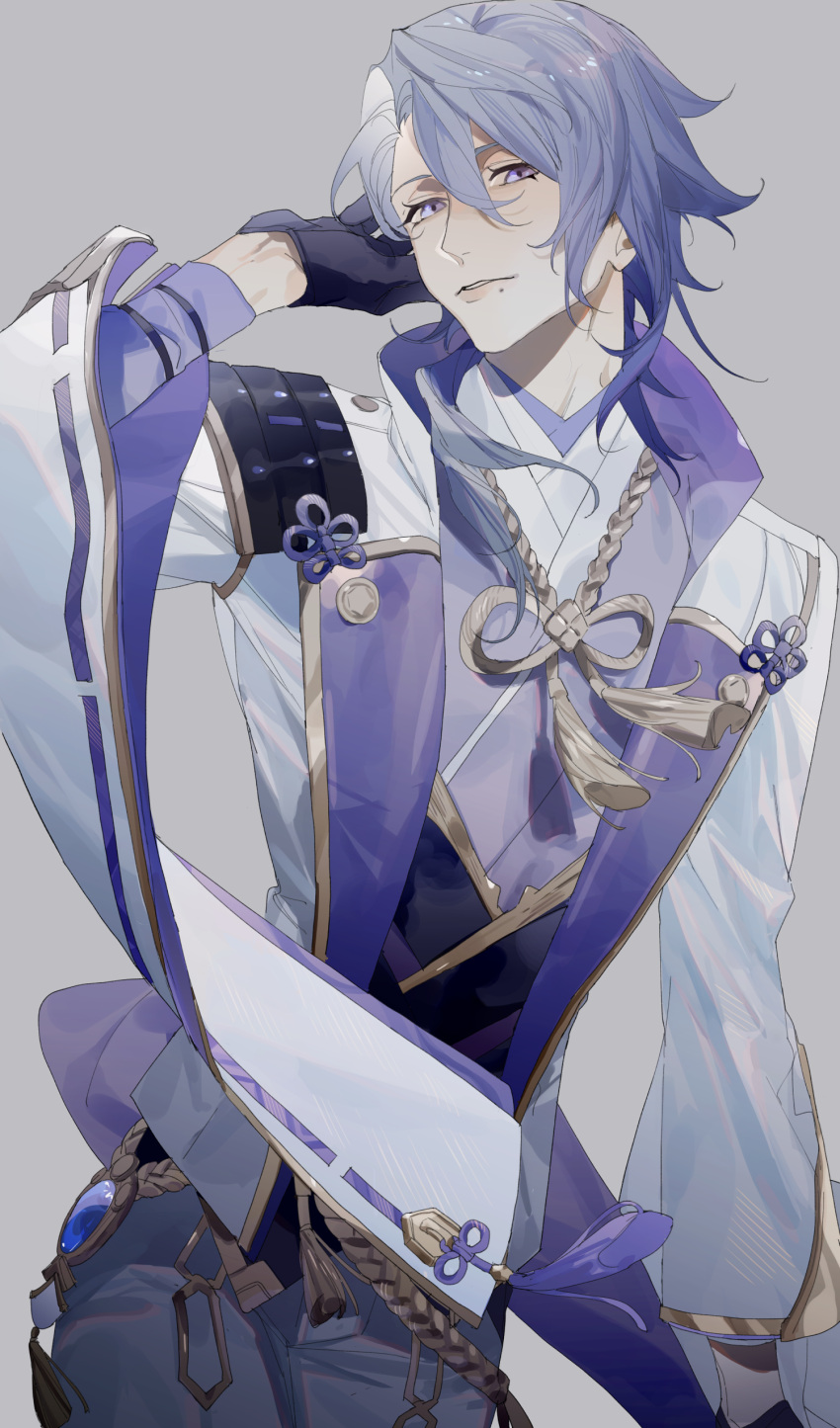 1boy, absurdres, agemaki_knot, arm_at_side, arm_up, armor, asymmetrical_hair, black_corset