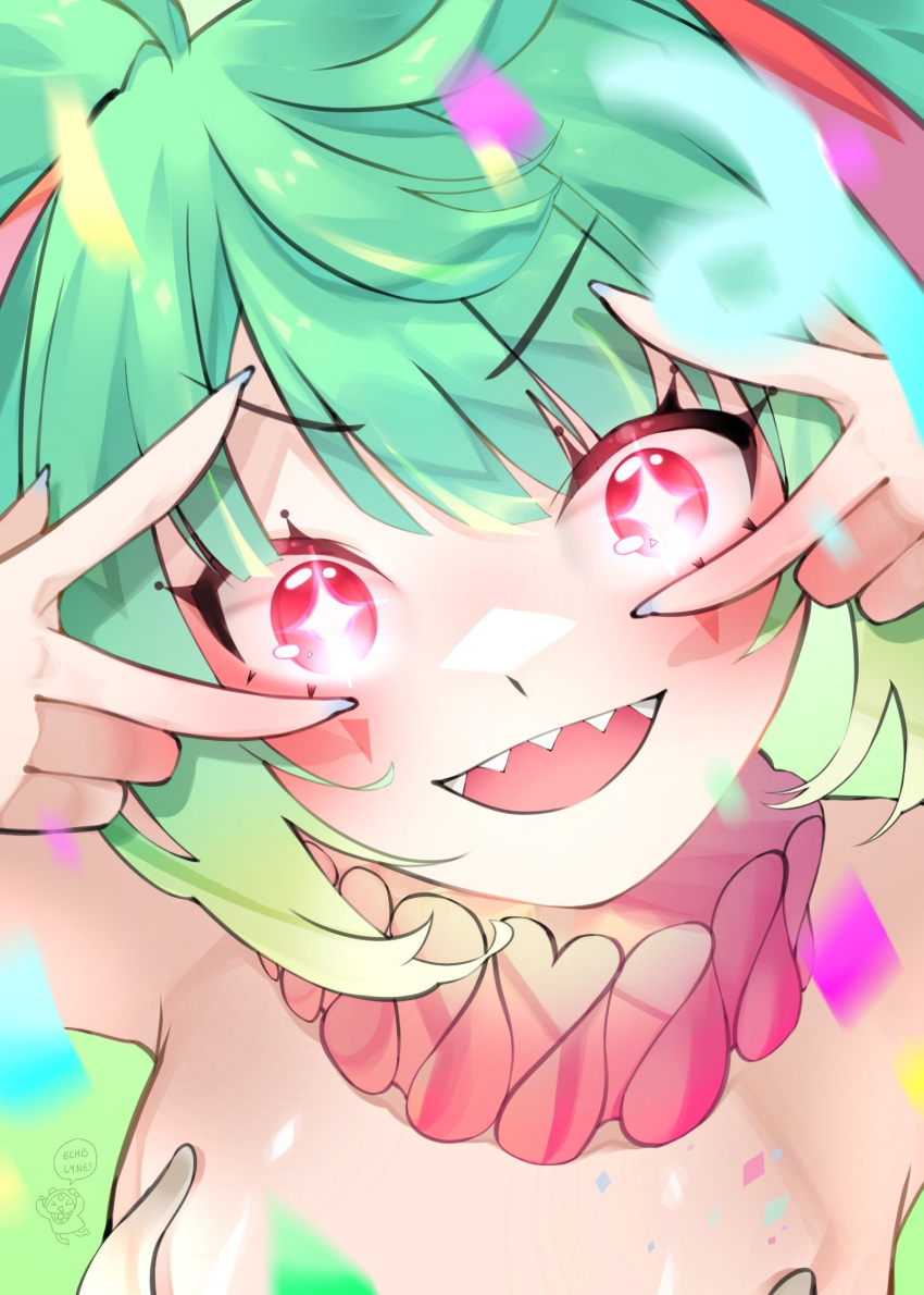 1girl, confetti, coni_confetti, detached_collar, echovnu, green_hair, highres, idol_corp, looking_at_viewer, off_shoulder, sharp_teeth, teeth, twintails, upper_teeth_only, virtual_youtuber