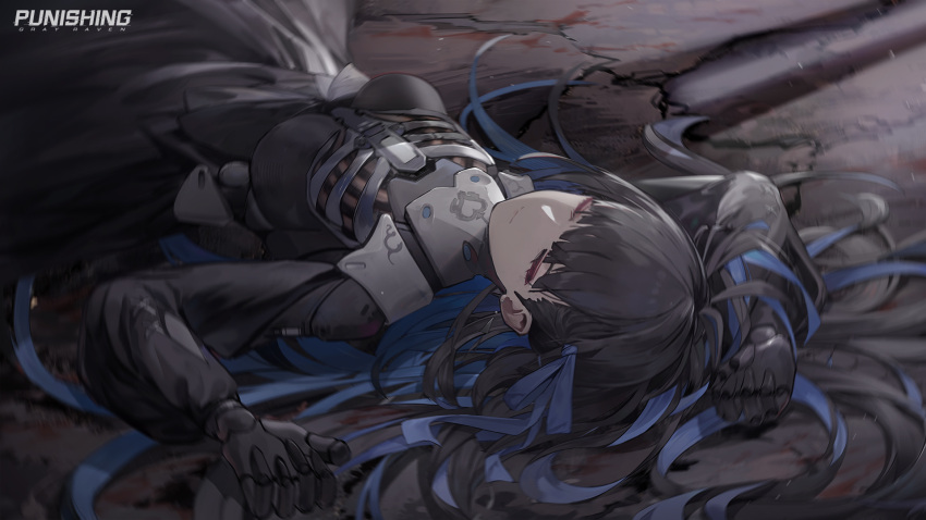 1girl, artist_request, black_dress, black_hair, closed_eyes, crack, cracked_floor, dress