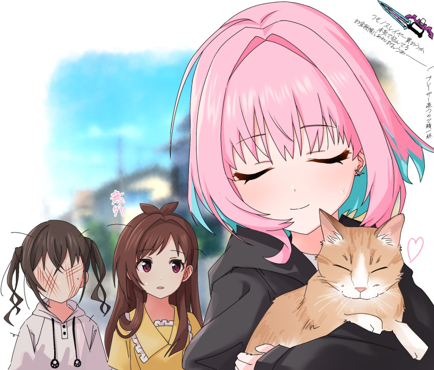 #unicus_(idolmaster), 3girls, ahoge, animal, black_hair, black_hoodie, blue_hair, blurry