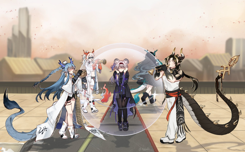 1boy, 4girls, animal_ears, arknights, black_dress, black_footwear, black_hair, black_tail