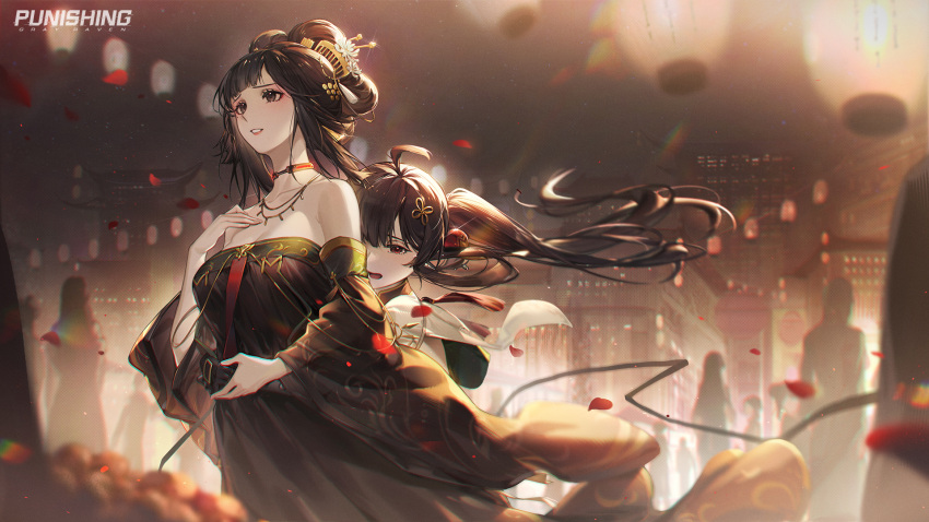 2girls, artist_request, braid, chinese_clothes, city, city_lights, cityscape, crying