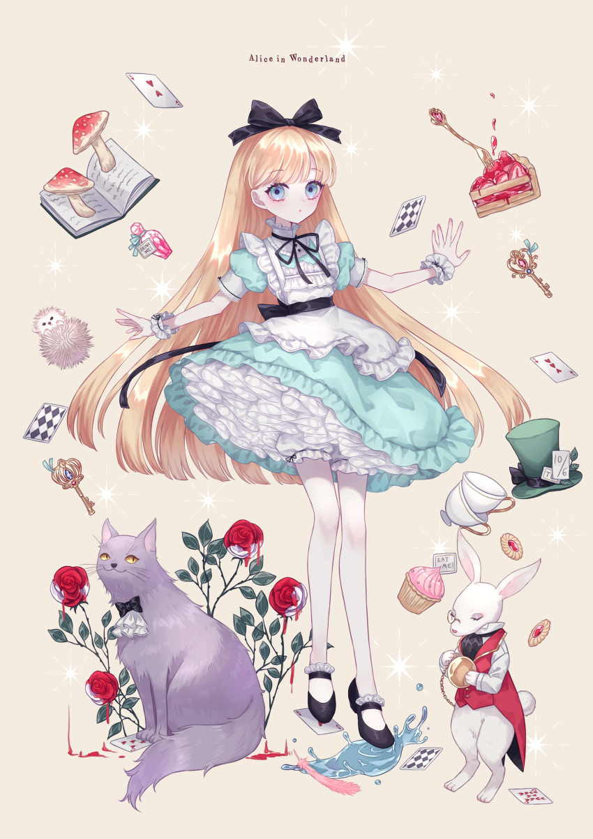 1girl, :o, absurdres, akikawa_higurashi, alice_(alice_in_wonderland), alice_in_wonderland, animal, apron