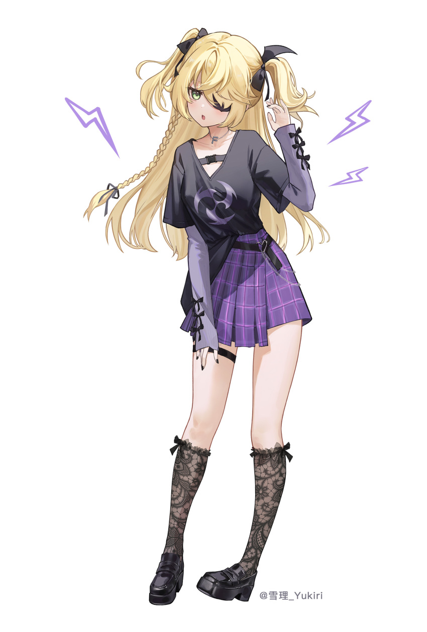 1girl, absurdres, alternate_costume, anklet, bare_legs, bat_ornament, black_footwear, black_shirt, blonde_hair, blush, braid, breasts, eyepatch, fischl_(genshin_impact), full_body, genshin_impact, green_eyes, hair_over_one_eye, hair_ribbon, highres, jewelry, kneehighs, lace-trimmed_socks, long_hair, long_shirt, long_sleeves, looking_at_viewer, open_mouth, plaid, plaid_skirt, pleated_skirt, purple_skirt, ribbon, shirt, simple_background, skirt, socks, solo, t-shirt, two_side_up, white_background, yukiri_(l_ii)