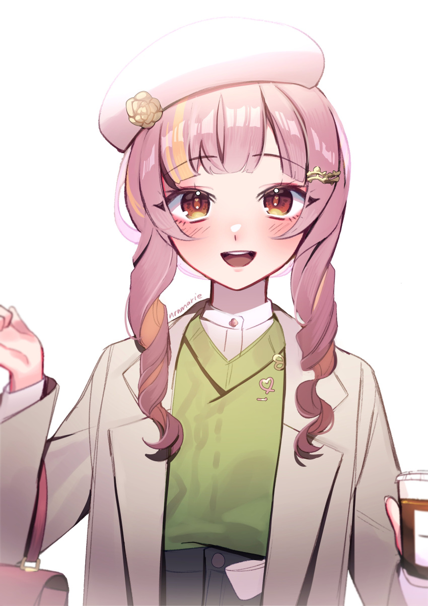1girl, absurdres, artist_name, bag, beret, black_shorts, blunt_bangs, coat, cup, disposable_cup, english_commentary, green_sweater, hair_ornament, handbag, hat, hat_ornament, highres, holding, holding_cup, lapel_pin, long_hair, long_sleeves, looking_at_viewer, multicolored_hair, nijisanji, nijisanji_en, nrnmarie, open_clothes, open_coat, open_mouth, orange_hair, pink_bag, pink_eyes, pink_hair, ringlets, rosemi_lovelock, rosemi_lovelock_(3rd_costume), shirt, shorts, simple_background, solo, streaked_hair, sweater, teeth, upper_body, upper_teeth_only, virtual_youtuber, white_background, white_coat, white_headwear, white_shirt