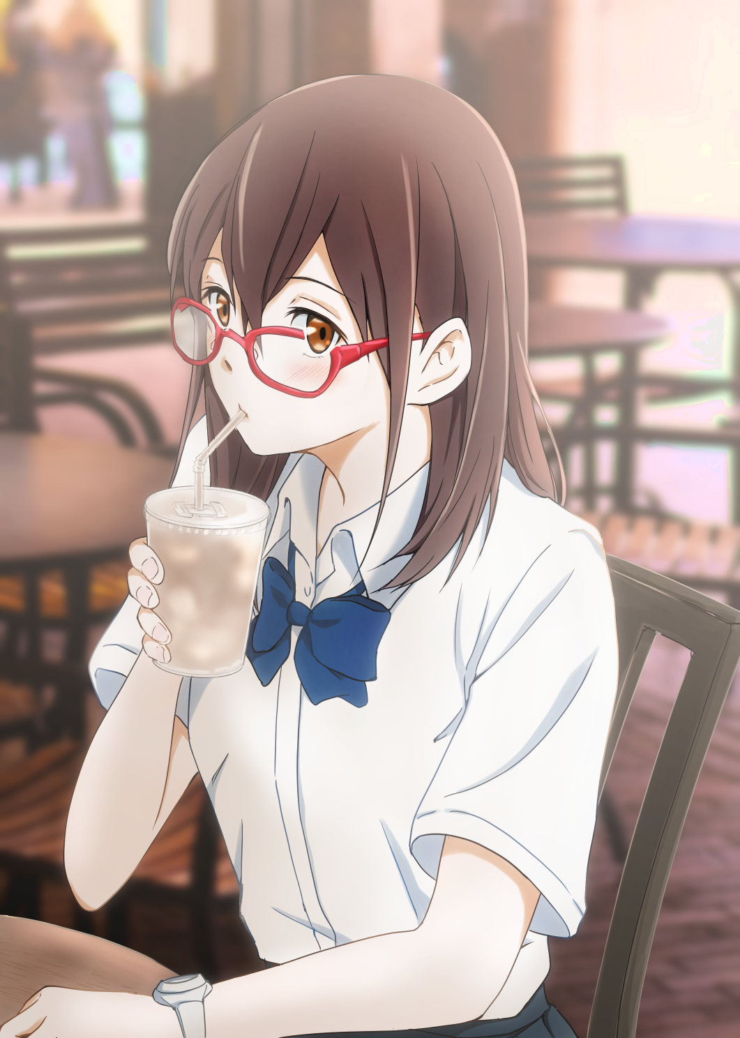 1girl, blue_bow, blue_bowtie, blue_skirt, blurry, blurry_background, bow, bowtie