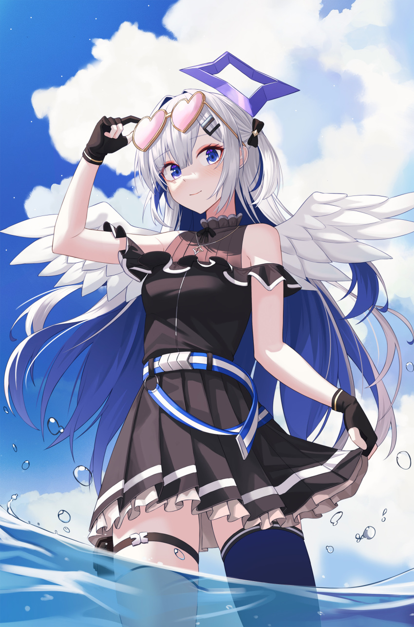 1girl, absurdres, adjusting_eyewear, amane_kanata, amane_kanata_(3rd_costume), angel_wings, black_gloves, blue_hair