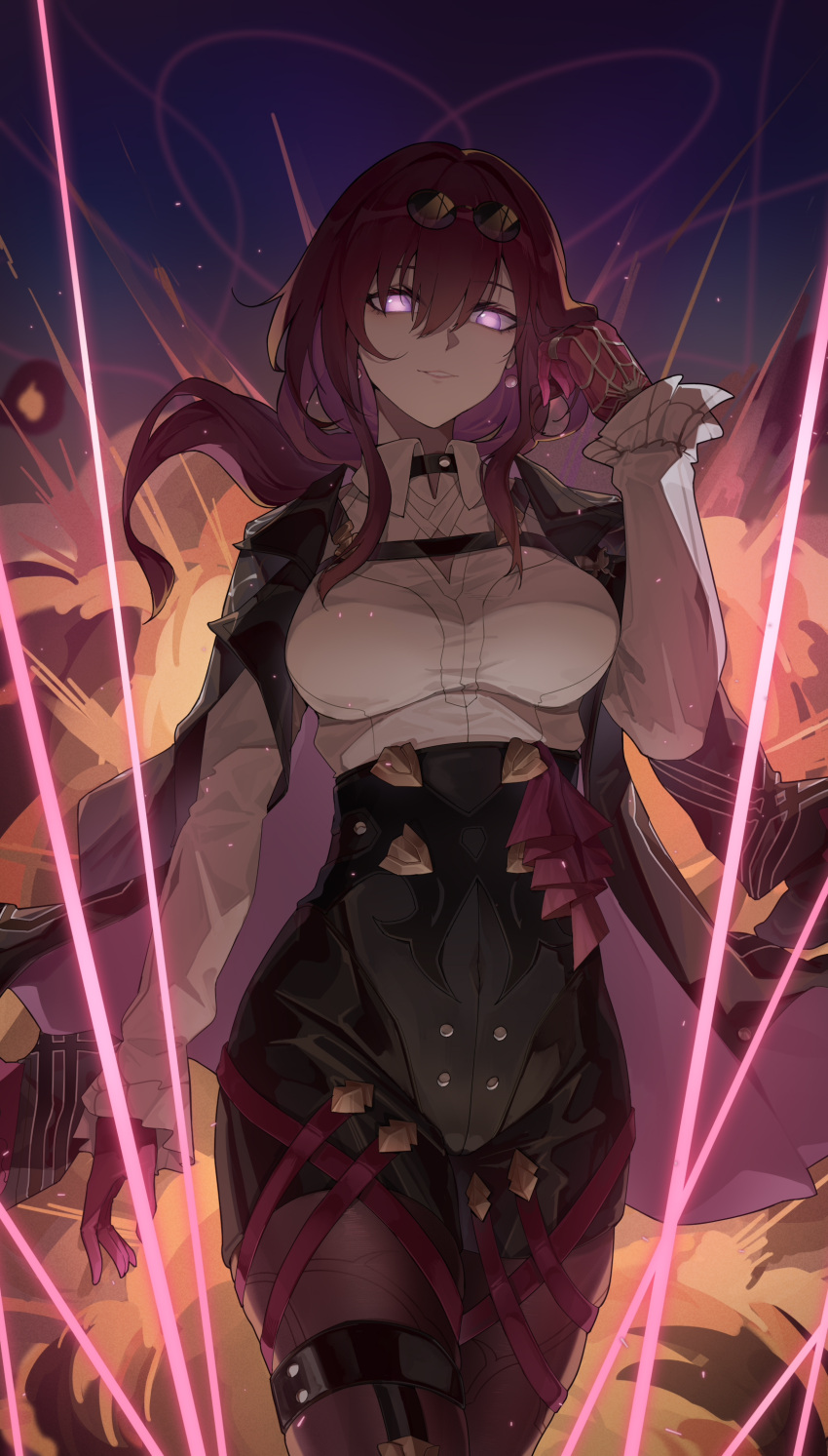 1girl, absurdres, black_jacket, black_shorts, breasts, chest_harness, collared_shirt, cowboy_shot