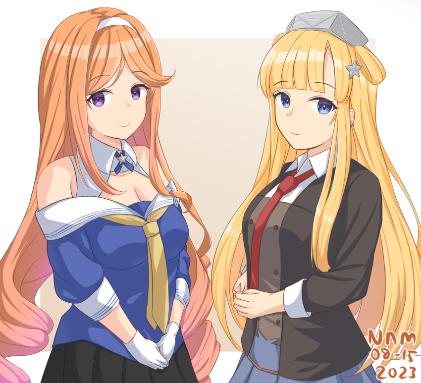 2girls, artist_name, asymmetrical_sidelocks, black_skirt, blonde_hair, blue_shirt, breasts, brown_hair