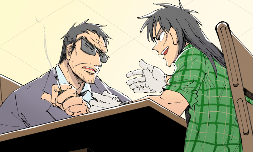2boys, black_eyes, black_hair, black_jacket, chair, cigarette, collared_shirt, commentary_request