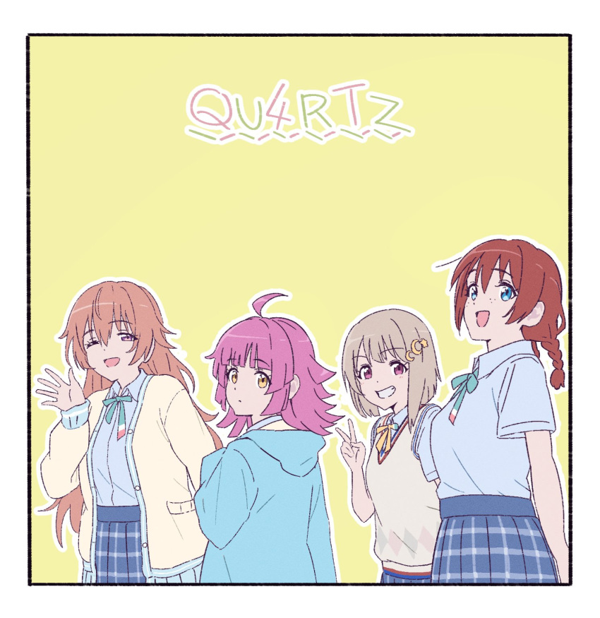 4girls, :d, ;d, ahoge, argyle, blonde_hair, blue_eyes, blue_hoodie