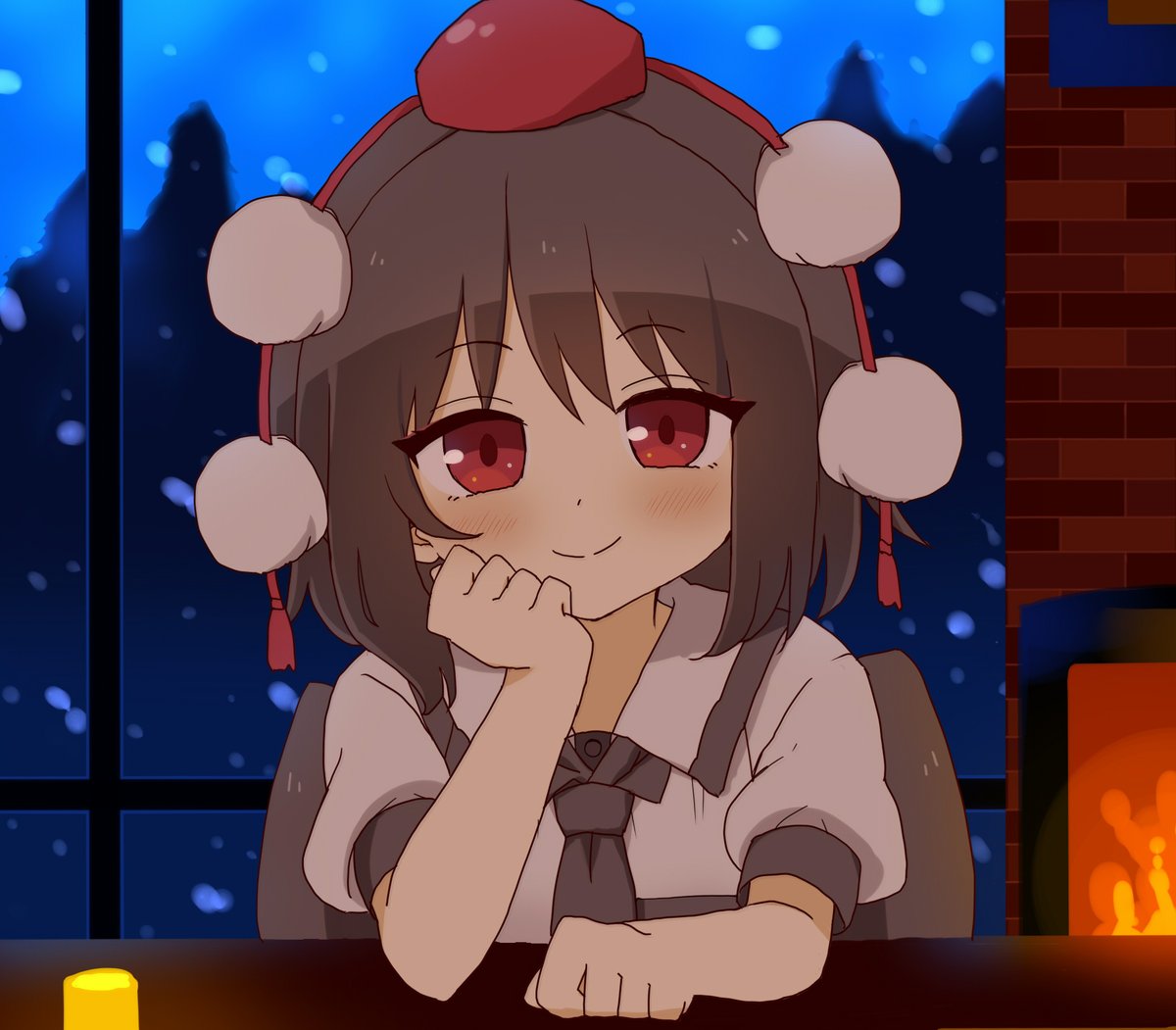 1girl, black_hair, blush, closed_mouth, collared_shirt, hat, looking_at_viewer, pom_pom_(clothes), puffy_short_sleeves, puffy_sleeves, red_eyes, red_headwear, shameimaru_aya, shirt, short_hair, short_sleeves, sitting, smile, solo, tokin_hat, totoharu_(kujirai_minato), touhou, white_shirt