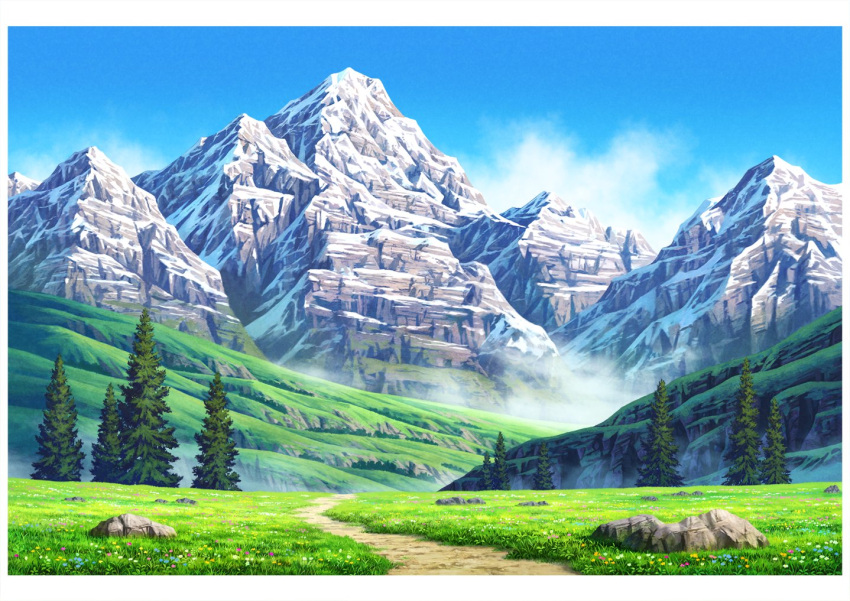 blue_flow, blue_sky, calligraphy_brush_(medium), day, field, flower, graphite_(medium), grass, hariken, mountain, nature, no_humans, outdoors, path, pine_tree, road, rock, scenery, sky, traditional_media, tree, yellow_flower