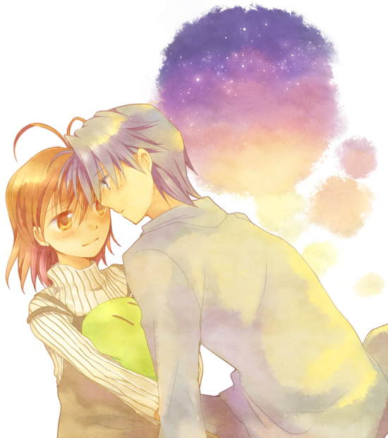 1girl, antenna_hair, blue_eyes, blue_hair, blush, brown_eyes, brown_hair, clannad, couple, dango_daikazoku, furukawa_nagisa, male, night, okazaki_tomoya, short_hair, takana