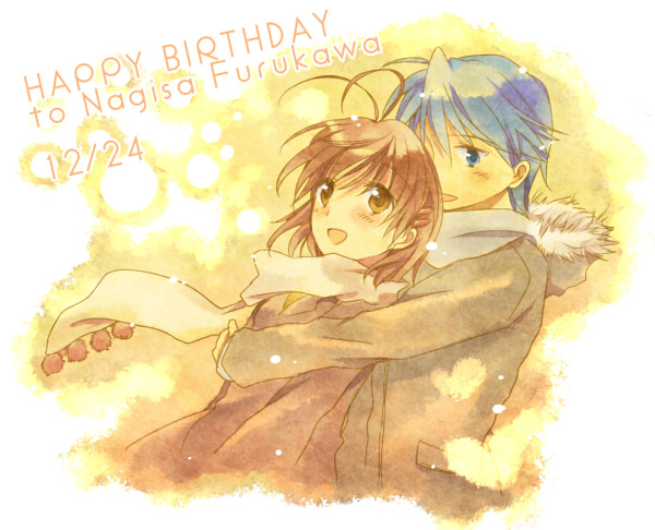 1girl, antenna_hair, blue_eyes, blue_hair, blush, brown_eyes, brown_hair, clannad, couple, furukawa_nagisa, happy, hug, male, okazaki_tomoya, open_mouth, scarf, short_hair, smile, takana