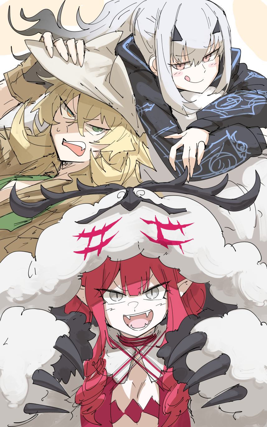 3girls, baobhan_sith_(fate), baobhan_sith_(swimsuit_pretender)_(fate), barghest_(fate), barghest_(swimsuit_archer)_(fate), blonde_hair, brown_eyes, cernunnos_(fate)