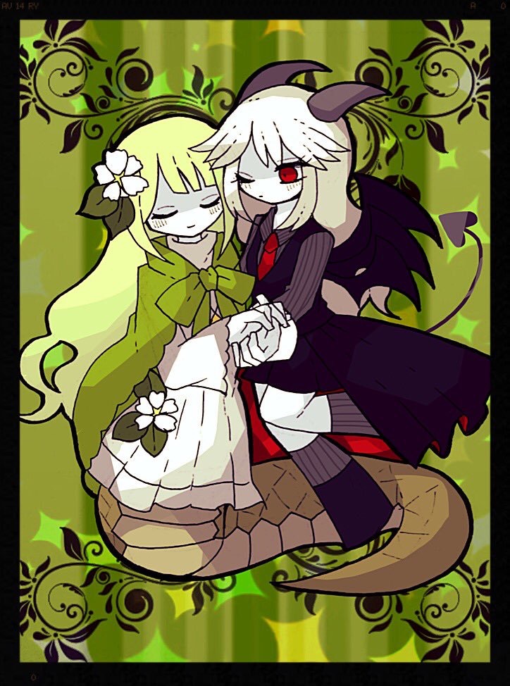 2girls, closed_eyes, demon_girl, demon_horns, demon_wings, dress, flower, formal, funamusea, green_hair, haiiro_teien, hair_between_eyes, hair_ornament, hand_on_another's_hand, holding, horns, lamia, long_hair, long_sleeves, monster_girl, multiple_girls, necktie, one_eye_closed, otogiccochan, pale_skin, red_eyes, reficul_(haiiro_teien), shirt, sin_(haiiro_teien), skirt, tail, very_long_hair, vest, white_hair, wings, yuri
