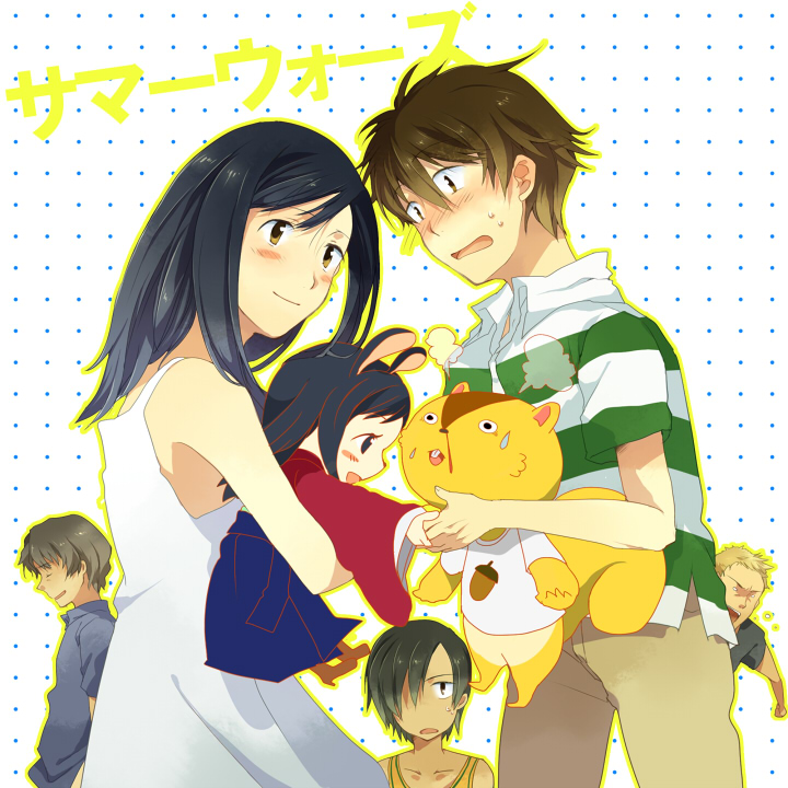 black_hair, blue_hair, blush, brown_eyes, brown_hair, bunny_ears, dress, hair_over_one_eye