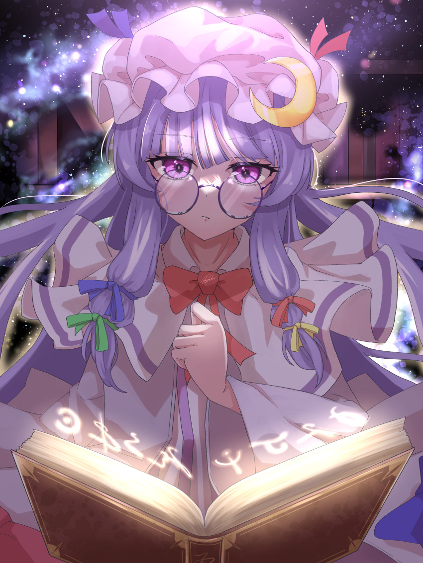1girl, absurdres, benjamin_1kt, bespectacled, blue_ribbon, book, crescent, crescent_hat_ornament