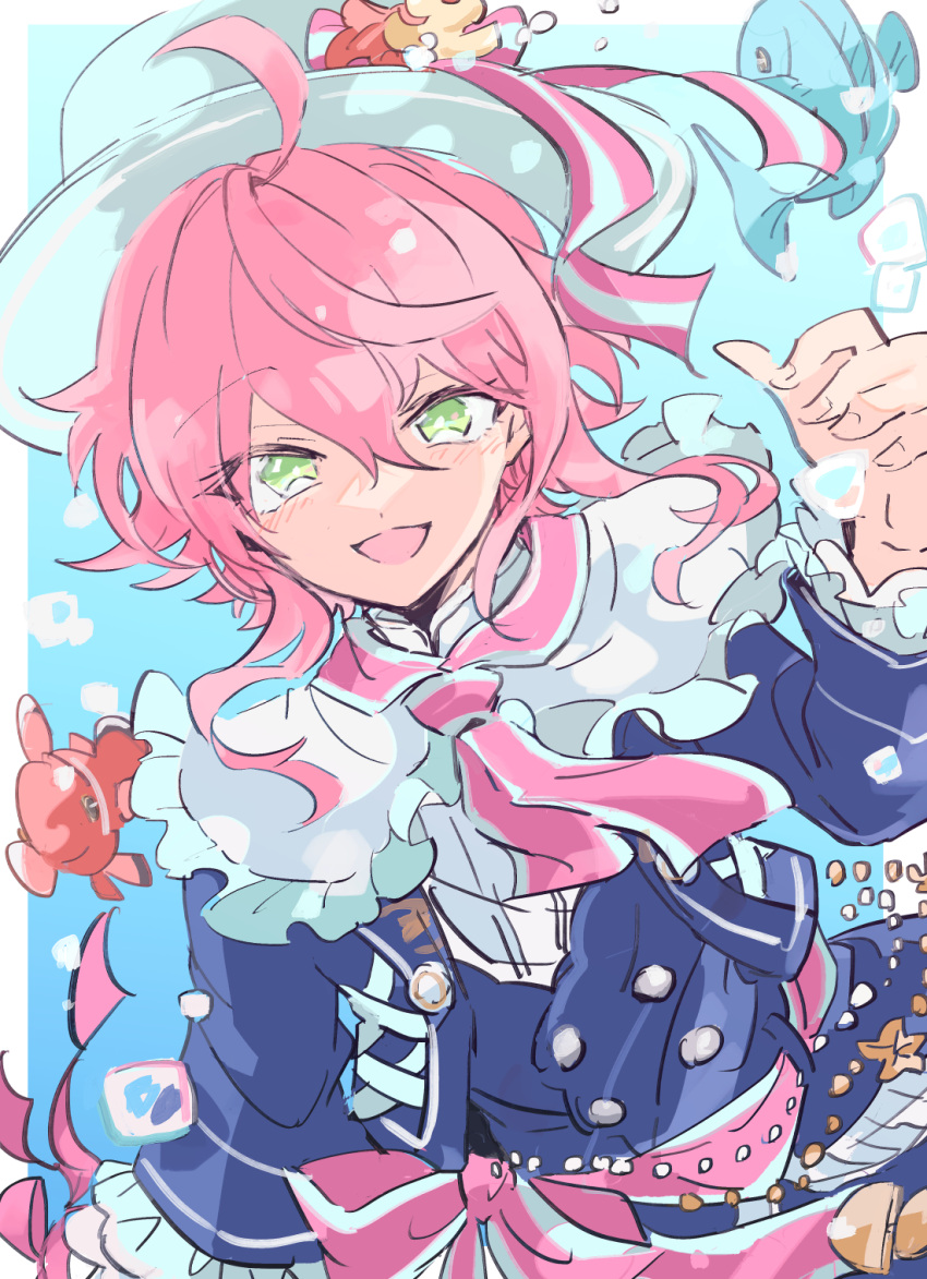 1boy, ahoge, androgynous, blue_headwear, blue_jacket, blush, bubble, clownfish, ensemble_stars!, fish, green_eyes, highres, himemiya_tori, jacket, long_sleeves, looking_at_viewer, male_focus, oihool, open_mouth, pink_hair, shirt, smile, solo, soukai_kagayaku_shinjitsu_no_atlantis_(ensemble_stars!), underwater, white_shirt