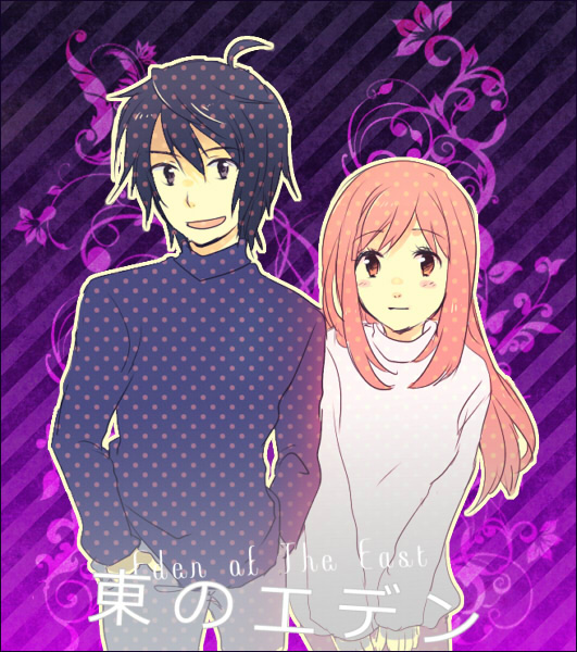 1girl, black_eyes, black_hair, blush, brown_eyes, couple, hand_in_pocket, higashi_no_eden, long_hair, morimi_saki, open_mouth, orange_hair, smile, takana, takizawa_akira