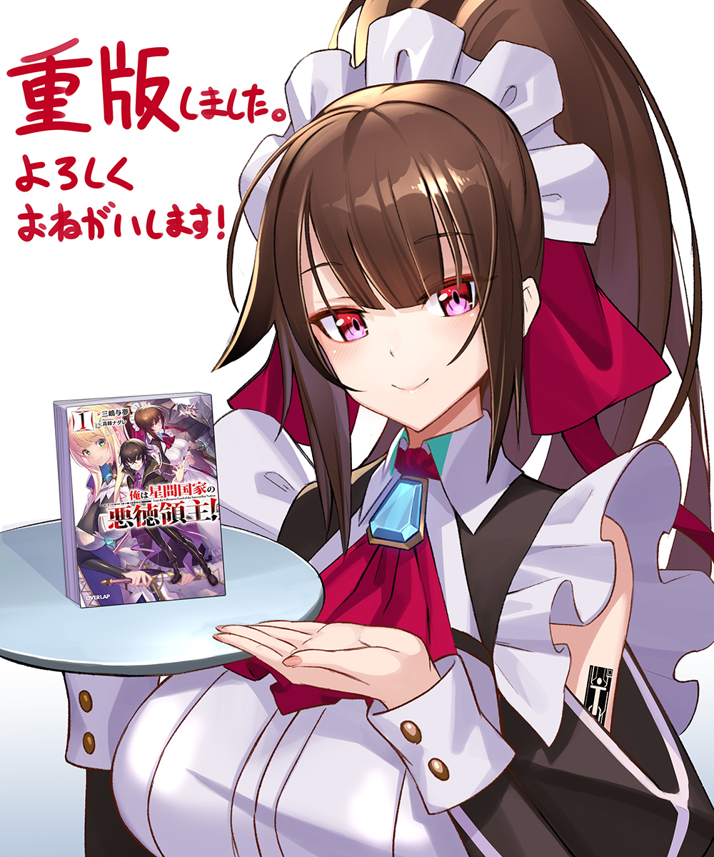 1girl, ad, amagi_(oreaku), book, breasts, brown_hair, cover, cover_page, frills, high_ponytail, highres, holding, holding_tray, large_breasts, long_hair, looking_at_viewer, maid, maid_headdress, novel_cover, novel_illustration, official_art, ore_wa_seikan_kokka_no_akutoku_ryoushu!, pink_eyes, smile, solo, takamine_nadare, tattoo, tray, upper_body, very_long_hair