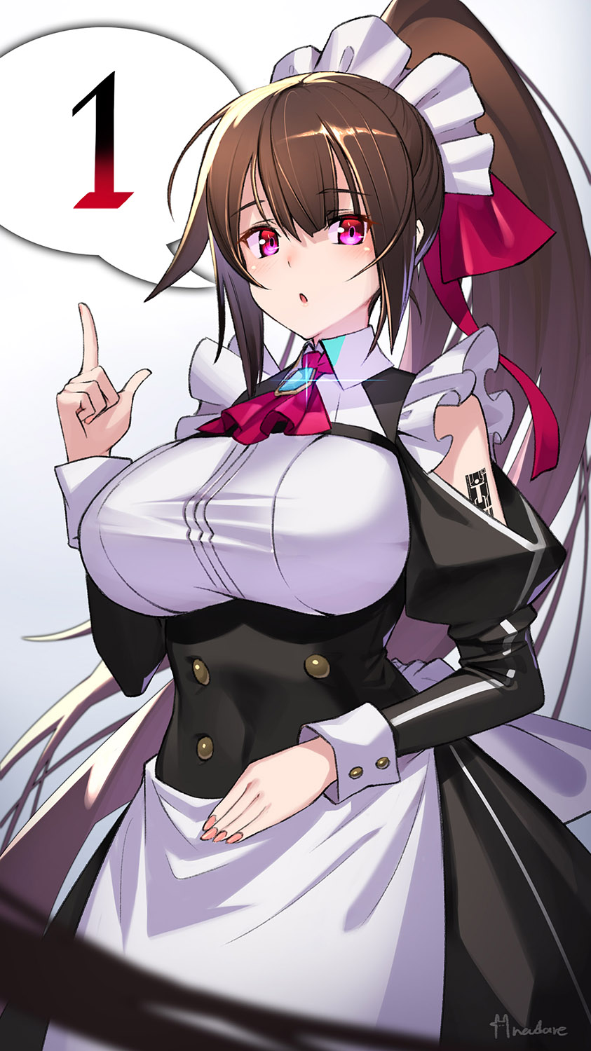 1girl, :o, amagi_(oreaku), apron, breasts, brown_hair, frills, high_ponytail, highres, index_finger_raised, large_breasts, long_hair, looking_at_viewer, maid, maid_apron, maid_headdress, ore_wa_seikan_kokka_no_akutoku_ryoushu!, pink_eyes, solo, takamine_nadare, tattoo, very_long_hair