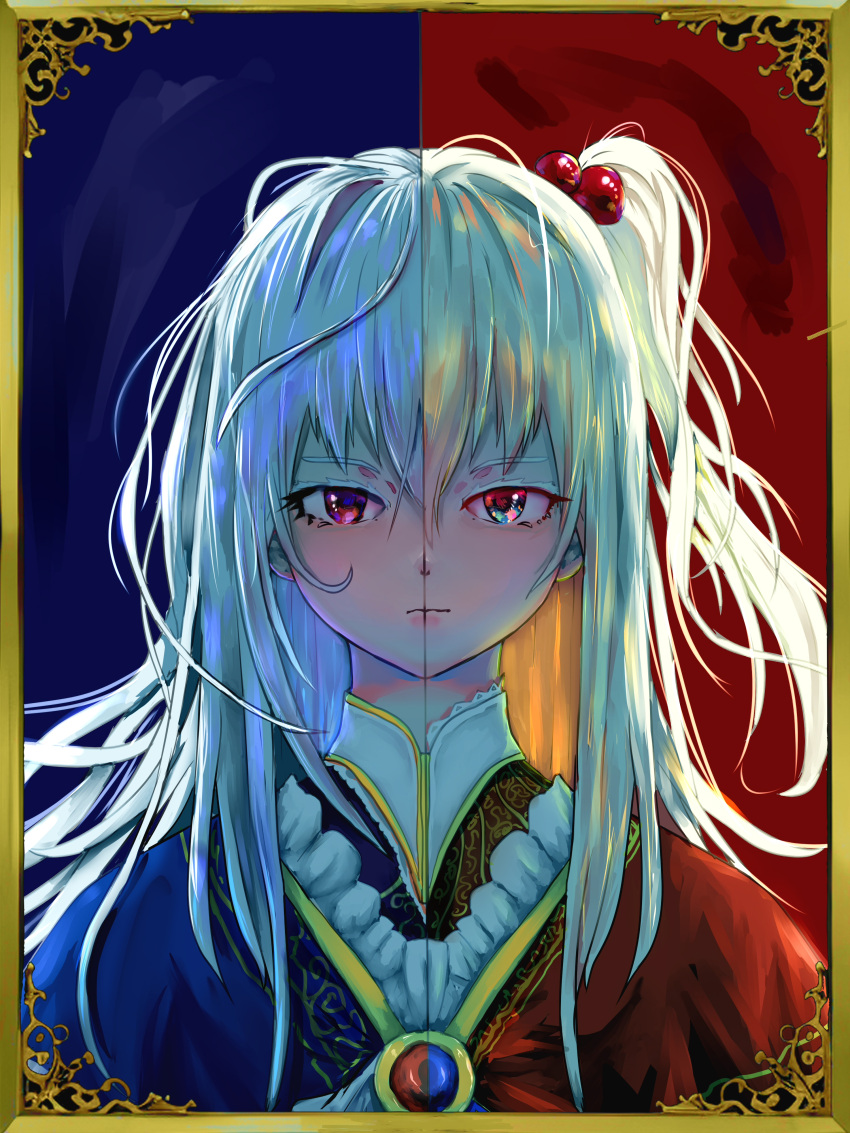 2girls, absurdres, alternate_costume, bloody_cuke, blue_background, blue_capelet, blue_eyes, blue_hair