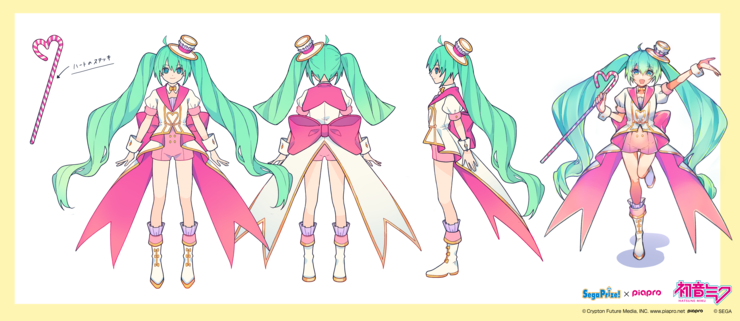 1girl, ahoge, aqua_hair, arm_up, blue_eyes, boots, bow, candy, candy_cane, cane, character_request, check_character, color7, food, hat, hatsune_miku, holding, holding_cane, jacket, long_hair, looking_at_viewer, mini_hat, multiple_girls, multiple_views, open_mouth, pink_bow, puffy_short_sleeves, puffy_sleeves, reference_sheet, shirt, short_jumpsuit, short_sleeves, smile, solo, standing, standing_on_one_leg, thigh-highs, turnaround, twintails, very_long_hair, vocaloid, white_footwear, white_jacket, white_wrist_cuffs
