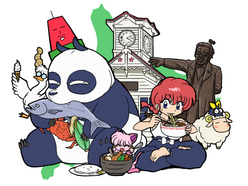 barefoot, bird, blue_eyes, cat, corn, crab, duck, eating