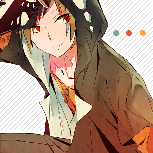 1boy, black_jacket, closed_mouth, color7, diagonal_stripes, holding, holding_mask, hood, hood_up, hoodie, jacket, kagerou_project, kano_shuuya, layered_sleeves, light_brown_hair, looking_to_the_side, lowres, male_focus, mask, orange_hair, red_eyes, shirt, short_hair, smile, striped, striped_background, white_background
