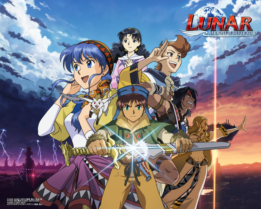 bandana, bird, blue_hair, hair_over_shoulder, headband, jessica_de_alkirk, kyle_(lunar), luna_(lunar)