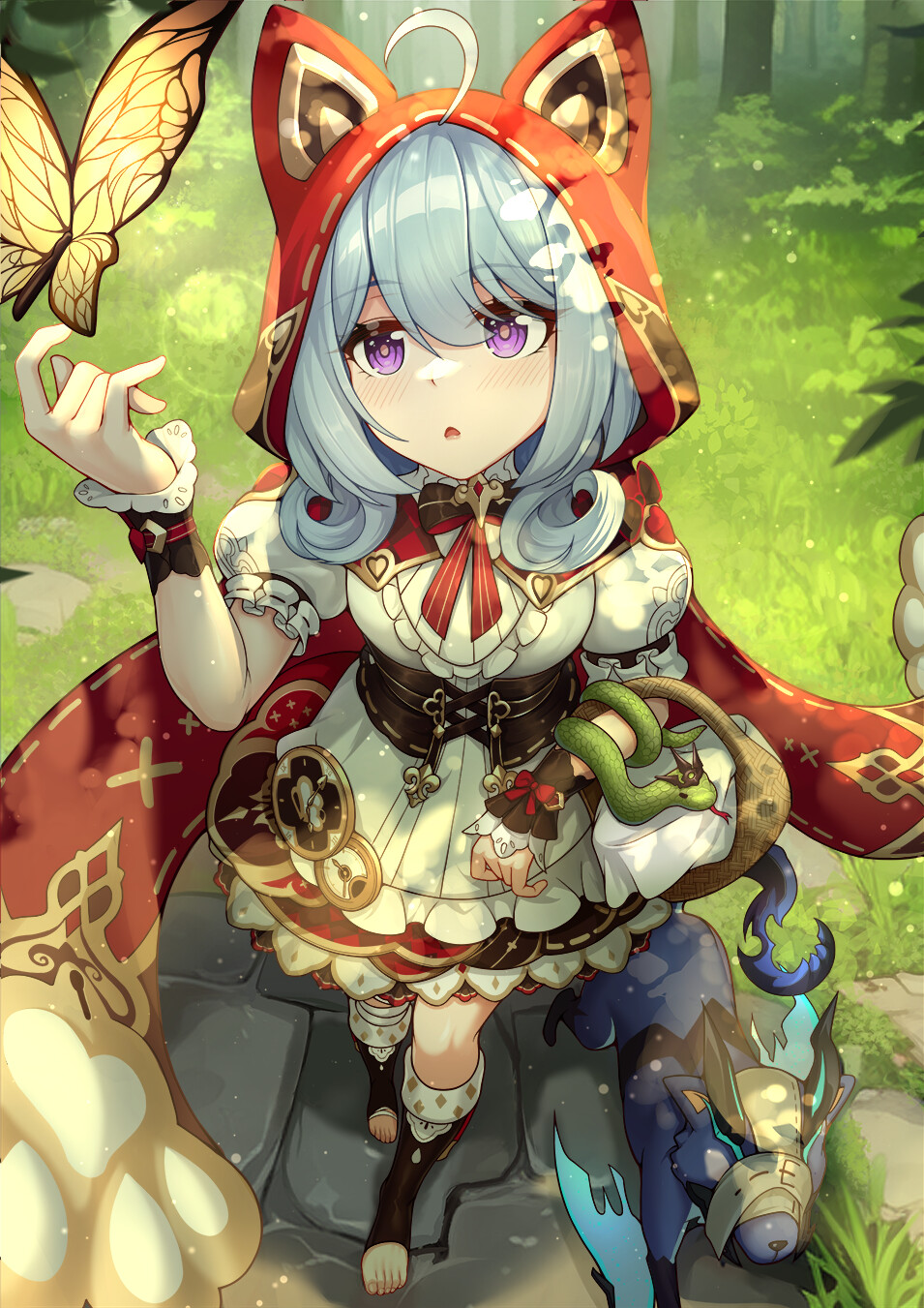 1girl, :o, ahoge, animal_hair_ornament, animal_hood, blue_hair, bucket, bug