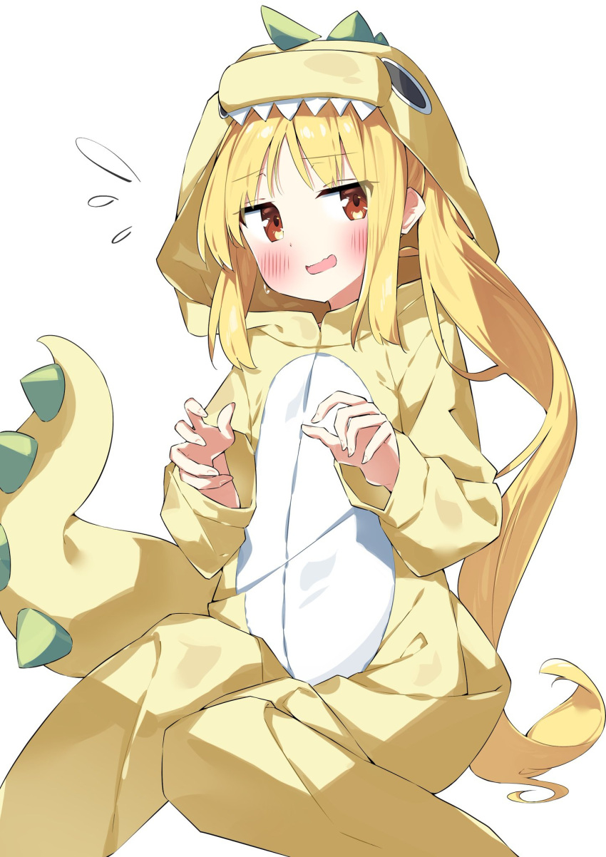 1girl, :d, blonde_hair, blush, bocchi_the_rock!, commentary_request, dinosaur_costume, dinosaur_hood