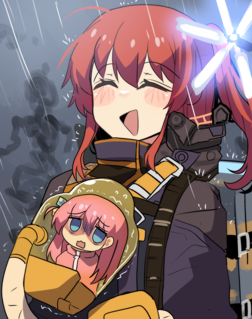 2girls, :d, ^_^, alternate_costume, bb-28, bb-28_(cosplay), beached_thing, black_jumpsuit