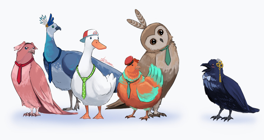 alohamikan, backwards_hat, baseball_cap, bird, black_feathers, blue_feathers, bow, bowtie