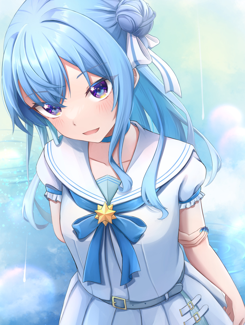 1girl, absurdres, belt, blue_belt, blue_bow, blue_bowtie, blue_choker, blue_eyes, blue_hair, blush, bow, bowtie, breasts, choker, hair_between_eyes, hair_bun, hair_ribbon, hat, highres, hololive, hoshimachi_suisei, hoshimachi_suisei_(4th_costume), long_hair, looking_at_viewer, official_alternate_costume, panzer87631631, ribbon, sailor_collar, school_uniform, serafuku, shirt, single_side_bun, skirt, smile, solo, star_(symbol), star_in_eye, symbol_in_eye, virtual_youtuber, white_ribbon, white_sailor_collar, white_serafuku, white_shirt, white_skirt