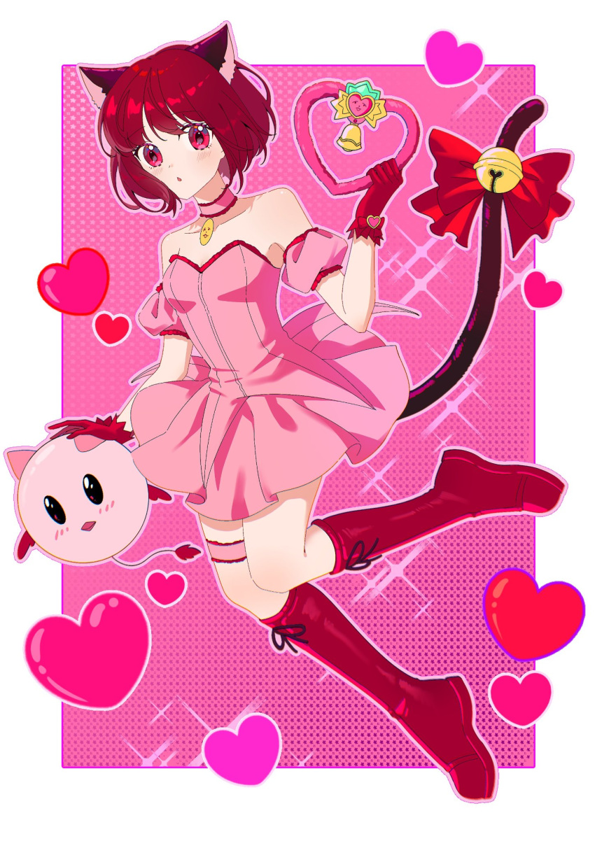 1girl, animal_ears, arima_kana, bell, blush, bob_cut, cat_ears, cat_girl, cat_tail, cosplay, full_body, heart, highres, inverted_bob, jewelry, looking_at_viewer, momomiya_ichigo, momomiya_ichigo_(cosplay), necklace, open_mouth, oshi_no_ko, pink_background, red_eyes, red_footwear, red_ribbon, redhead, ribbon, short_hair, solo, solo_focus, tail, tokyo_mew_mew, xiang_yu_pai