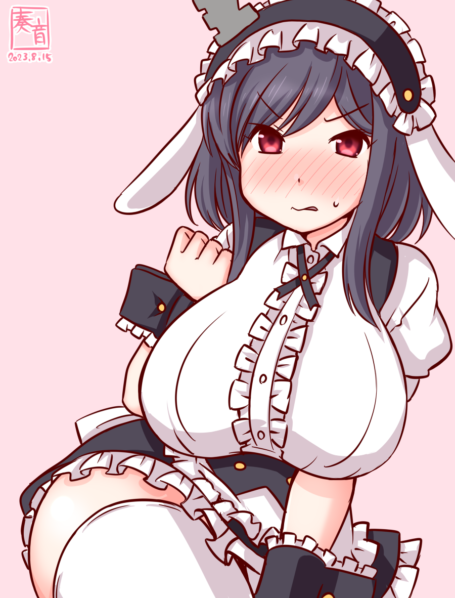 1girl, alternate_costume, angry, animal_ears, apron, artist_logo, black_hair, black_hairband, blush, breasts, center_frills, cosplay, cowboy_shot, dated, fake_animal_ears, floppy_ears, frilled_apron, frilled_cuffs, frilled_hairband, frilled_shirt, frills, gochuumon_wa_usagi_desu_ka?, gradient_background, hair_ornament, hairband, headgear, kanon_(kurogane_knights), kantai_collection, kirima_syaro, kirima_syaro_(cosplay), large_breasts, lolita_hairband, looking_at_viewer, one-hour_drawing_challenge, pink_background, rabbit_ears, rabbit_house_uniform, red_eyes, shirt, short_hair, solo, thigh-highs, underbust, waist_apron, waitress, white_apron, white_thighhighs, yamashiro_(kancolle)