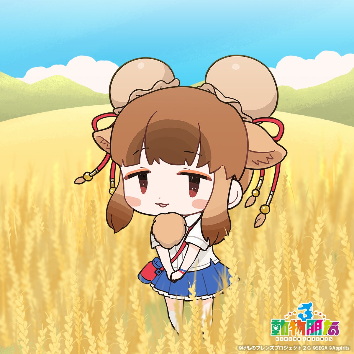 1girl, bactrian_camel_(kemono_friends), blue_sky, bottle, brown_eyes, brown_hair, camel_ears, camel_girl, chinese_text, highres, kemono_friends, kemono_friends_3, kurokw, long_hair, looking_at_viewer, mountain, official_art, open_mouth, ribbon, shirt, skirt, sky, solo, water_bottle