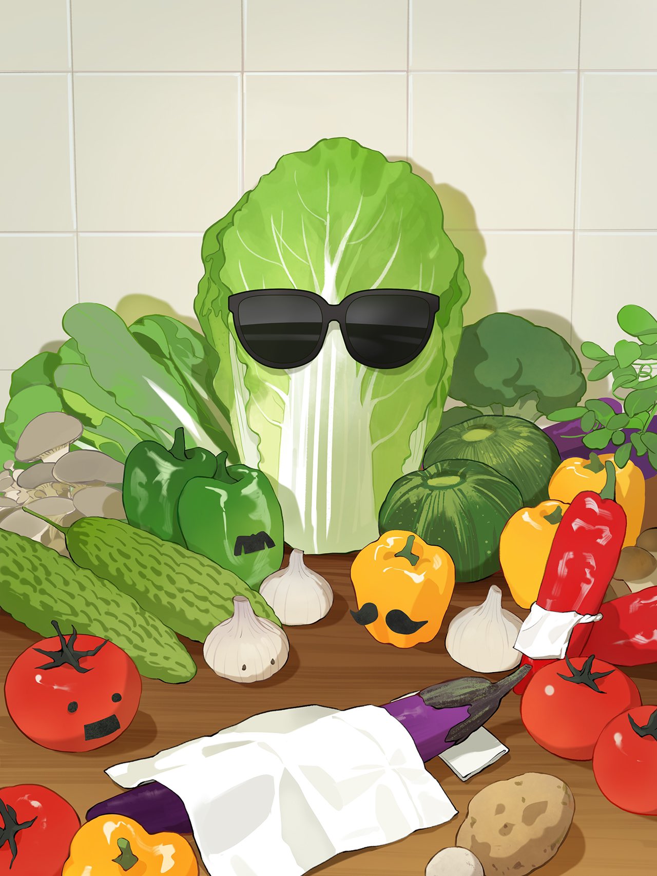 broccoli, cabbage, cucumber, food, food_focus, highres, mushroom, no_humans