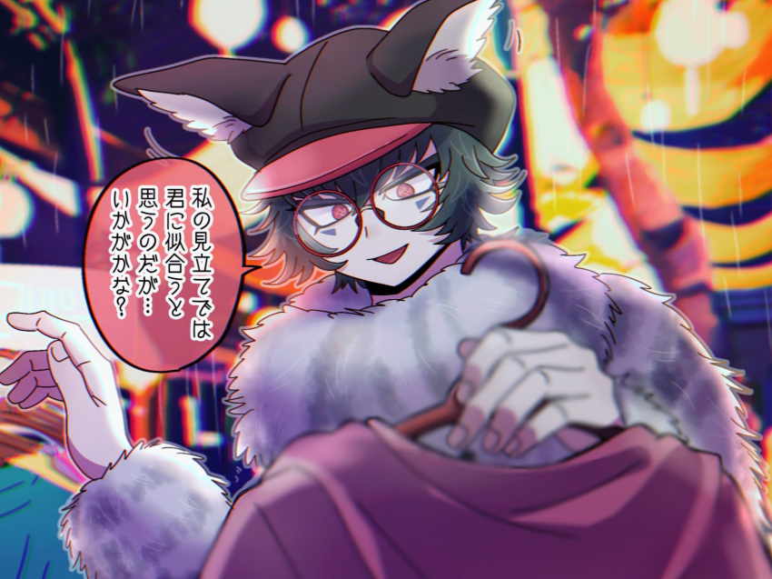 1boy, animal_ears, animal_hat, black_headwear, cabbie_hat, clothes_hanger, commentary_request, facial_mark
