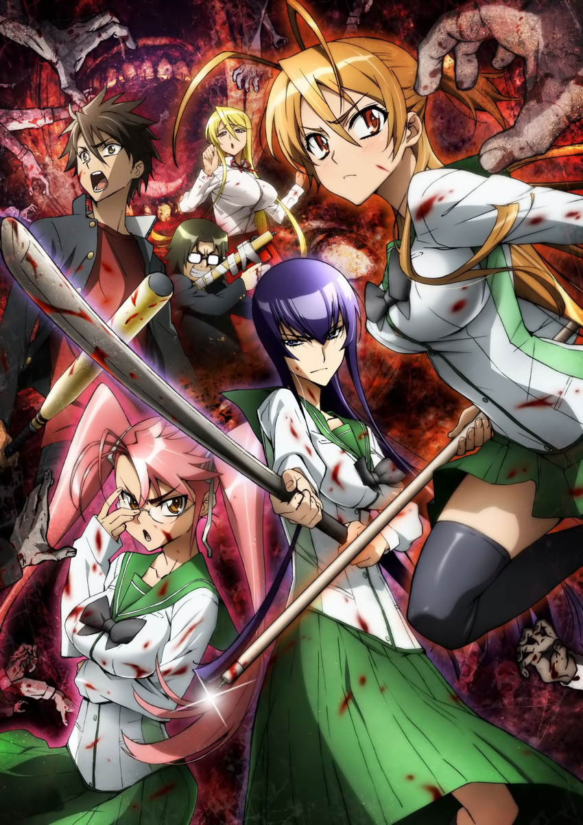 baseball_bat, blonde_hair, blood, breasts, brown_eyes, brown_hair, busujima_saeko, glasses