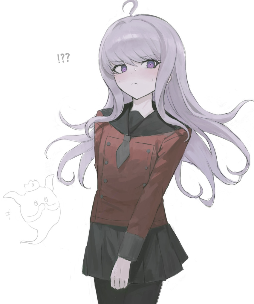 !?, 1boy, ahoge, arm_behind_back, black_pantyhose, black_sailor_collar, black_skirt, blush, closed_mouth, commentary_request, cowboy_shot, crossdressing, embarrassed, frown, grey_neckerchief, highres, ikakun13, long_hair, long_sleeves, looking_at_viewer, male_focus, master_detective_archives:_rain_code, neckerchief, nose_blush, official_alternate_costume, otoko_no_ko, pantyhose, pleated_skirt, red_shirt, sailor_collar, school_uniform, serafuku, shinigami_(ghost)_(rain_code), shinigami_(rain_code), shirt, simple_background, skirt, solo, spoilers, standing, sweatdrop, symbol_in_eye, violet_eyes, white_background, yuma_kokohead